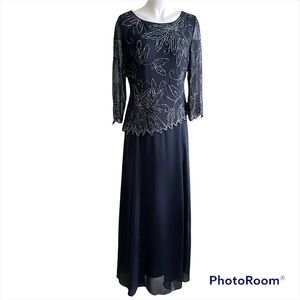 J Kara Three-Quarter Sleeve Beaded Dress